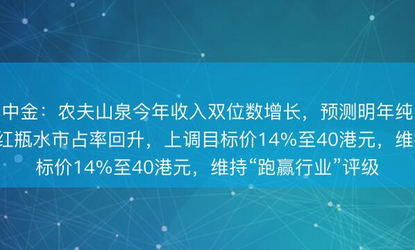 中金：农夫山泉今年收入双位数增长，预测明年纯利157.7亿！推动红瓶水市占率回升，上调目标价14%至40港元，维持“跑赢行业”评级