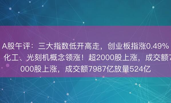 A股午评：三大指数低开高走，创业板指涨0.49%北证50跌0.09%，化工、光刻机概念领涨！超2000股上涨，成交额7987亿放量524亿